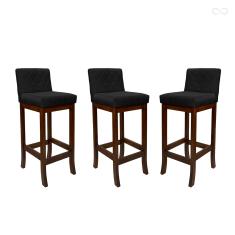 Kit 3 Banquetas Média para Bancada Tóquio Madeira Maciça Matelassê Suede Preto CCS
