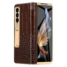 Capa de telefone de couro para Samsung Galaxy Z Fold 5 4 3 Fold4 Fold5 banhado a ouro dobradiça magnética suporte capa traseira com filme espelhado, grão de crocodilo, para Galaxy Z Fold 4