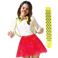 Kit Fantasia Palhaça Adulto: Saia Tutu Led + Suspensório + Gravata + Nariz + Meia 7/8 Colorida Bolinha = 5 Produtos
