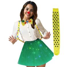 Kit Fantasia Palhaça Adulto: Saia Tutu Led + Suspensório + Gravata + Nariz + Meia 7/8 Colorida Bolinha = 5 Produtos
