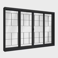 Janela de Aço de Correr Central com Grade Quadrada 4 Folhas 100x200cm Aço Pronto Riobras