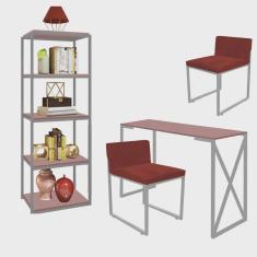Kit Escritório Bex 2 Cadeiras Suede Vermelho com 1 Mesa e 1 Livreiro Ferro Cinza mdf Rose Rosa - Ahazzo Móveis
