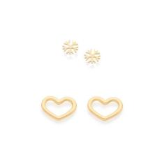 Kit Rommanel Banhado Ouro Brincos Pequenos Coração E Floco De Neve