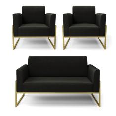 Sofá Namoradeira Com 2 Poltronas Base Industrial Alta Dourado Marisa Suede D03 - D\'rossi Cor Preto