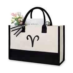 Bolsa de praia de lona TOPDesign, com inicial personalizada, sacola de presente com monograma, para mulheres, Preto e branco, 17" x 11.8" x 7.8"