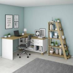 Conjunto Home Office 2 Peças 1 Escrivaninha em L Retrô Gold com 1 Estante Star Artany Olmo/Branco