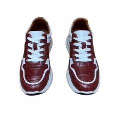 Tênis masculino autêntico de pele de crocodilo bordô, branco, couro de jacaré, cor mista, cadarço masculino, casual, sapatilha, Vinho tinto, 39