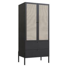 Guarda Roupa 2 Portas Oslo Artesano 80 Cm (larg) Mdp Nero Palha Sintética Bege Pé Madeira Maciça