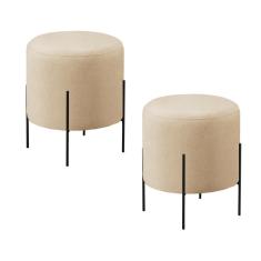 Conjunto - 2 Puffs Banqueta Odim Base Metálica Preta Luxo Linho Bege Claro