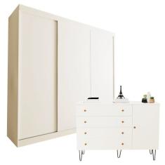 Conjunto Guarda-roupa Casal 3 Portas De Correr E Cômoda 1 Porta 4 Gavetas Branco