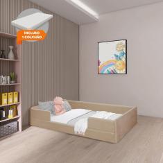 Cama Montessoriana Infantil com Colchão em Madeira Maciça com Revestimento em Tecido Luana Bege