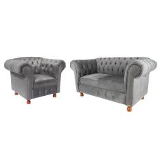 Conjunto Sofa Namoradeira Chesterfield Capitone Luis XV Suede Cinza / decoracao, sala tv estar, recepcao
