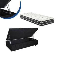 Cama Box Baú Solteiro Colchão Espuma D33 Bordado + Box Suede Preto 53x78x188