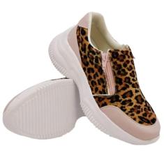 Tenis Chunky Feminino Estampa Onça sem Cadarço com Ziper e Sola Alta