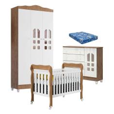 Quarto de Bebê New Selena 3 Portas com Berço Lila e Cômoda Selena Branco Acetinado Amadeirado e Colchão Ortobom – Carolina Móveis