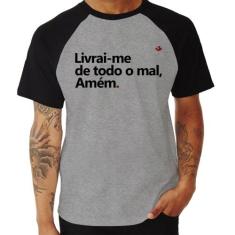 Camiseta Raglan Livrai-me de todo o mal, amém - Foca na Moda, Cinza, P