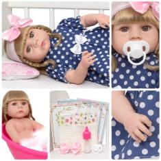Boneca Reborn Realista Loira Vestido Bolinha Vários Itens - Cegonha Re