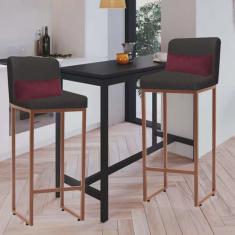 Kit 02 Banqueta Alta com Encosto Lucca Industrial Cozinha Balcão Ferro Bronze Suede Cinza e Almofada Bordô - Ahazzo Móveis