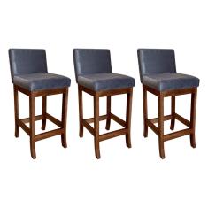 Kit 3 Banquetas Média Estofada Gourmet para Cozinha 38x90 Cm Espanha Madeira Castanho Suede Cinza ccs