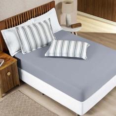Jogo Cama Lençol Daily Queen Malha Algodão Listrado 3 Peças - Cinza - 