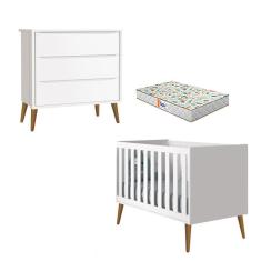 Berço Americano E Cômoda Gaveteiro Theo Branco Pés Amadeirados Com Colchão Gazin - Reller