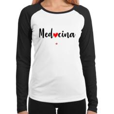 Baby Look Raglan Medicina por amor Manga Longa - Foca na Moda, Branco,