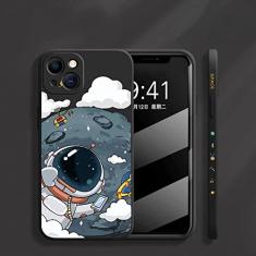 Capa de telefone com cordão de mão de astronauta bonito dos desenhos animados para iPhone 13 11 12 Pro Max XS X XR 8 7 Plus SE 2022 Capa macia de silicone líquido, preta, para iPhone 7