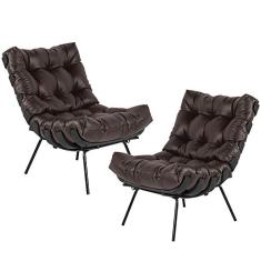Kit 02 Poltronas Decorativas Sala de Estar Costela Preto L04 Couro Marrom Café - Lyam Decor
