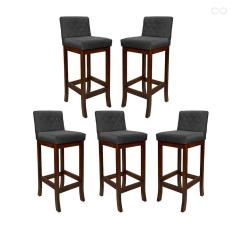 Kit 5 Banquetas Alta para Bancada de Cozinha Tóquio Madeira Maciça Matelassê Suede Cinza CCS