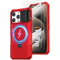 Capa de celular para iPhone 15 Pro, com suporte de anel magnético [2 protetores de tela de vidro] [compatível com MagSafe] Capa de grau militar com capa para câmera, capa à prova de choque para iPhone