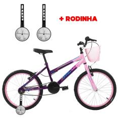 Bicicleta Infantil Aro 20 Feminina Com Rodinha Lateral e Cesta Freios V-Brake Wendy Para Meninas Violeta Rosa