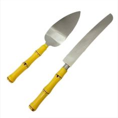 Conjunto Para Bolo Faca Espátula Cabo Plástico Bambu Natural