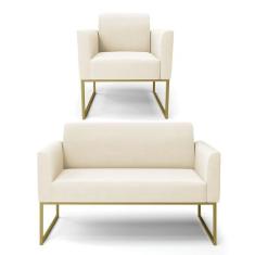 Sofá Namoradeira com Poltrona Base Industrial Dourado Marisa Veludo - 