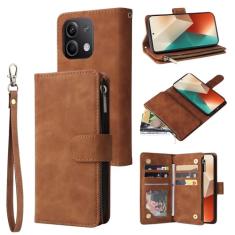 Capa carteira para Xiaomi Redmi Note 13 5G, 6 compartimentos para cartão, 1 compartimento para dinheiro, bolsa de couro com zíper, fecho magnético flip com alça de pulso para Redmi Note 13 5G 2024
