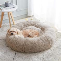 Cama calmante para cães e gatos, cama de cachorro com donut antiansiedade, cama redonda aconchegante e macia para cães, felpudo, felpudo, felpudo, para cães e gatos pequenos e médios (50,8 cm/61
