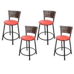 Jogo 4 Banqueta Baixa Para Cozinha Hawai Café Assento Vermelho - Lamar