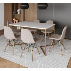 Mesa Industrial Retangular Branca Base V Dourada 137x90cm 6 Cadeiras Eames Madeira Estofadas Nude Cl