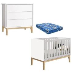 Berço Americano Com Colchão E Cômoda Gaveteiro Classic Branco Pés Made