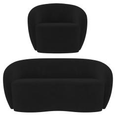 Sofá 3 Lugares Living 180cm E 1 Poltrona Giratória Garbin K04 Veludo Preto - Mpozenato