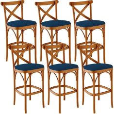 Kit 06 Banquetas Altas Cozinha Bancada Bar Sala Jantar Estofada ávila L02 Suede Azul Marinho - Lyam
