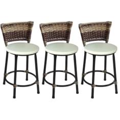 Kit 3 Banquetas Baixas Preta com Encosto Junco Capuccino Assento Branc