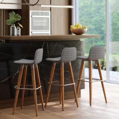 Banqueta Alta Com Encosto Assento Cinza 4 Pés de Madeira Para Balcão Bancada - 3 Unidades