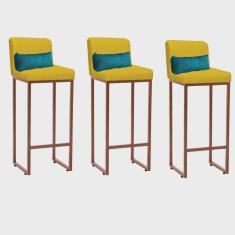 Kit 03 Banqueta Alta com Encosto Lucca Industrial Cozinha Balcão Ferro Bronze Suede Amarelo e Almofada Azul Turquesa - Ahazzo Móveis
