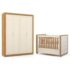 Jogo de Quarto Infantil Tutto New Guarda Roupa 4 Portas e Berço com Capitonê - Matic Móveis Off White/Freijó
