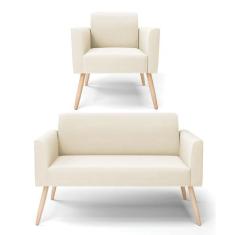 Sofá Namoradeira com Poltrona Pés Palito Natural Marisa Veludo Bege - 