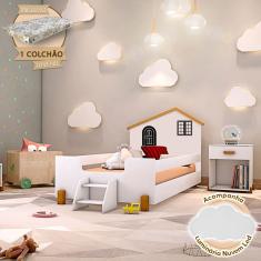 Cama Montessoriana Infantil Juvenil Belissima Preta Branca e Amêndoa + Luminária Led + Colchão