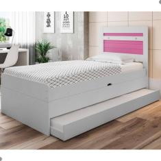 Cama Baú Solteiro Larissa Branco e Rosa Com Auxiliar