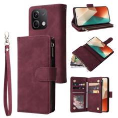 Capa carteira para Xiaomi Redmi Note 13 5G, 6 compartimentos para cartão, 1 compartimento para dinheiro, bolsa de couro com zíper, fecho magnético flip com alça de pulso para Redmi Note 13 5G 2024
