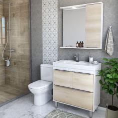 Conjunto Gabinete de Banheiro 80cm e Espelheira com LED Eleganza Ozini Branco/Legno Crema