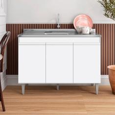 Balcão De Cozinha Com Pia Inox 120cm 3 Portas Manu Branco - Ajl Móveis